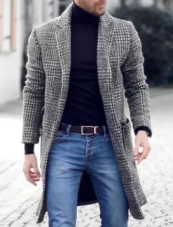 OUKU Men's Winter Coat Overcoat Business Casual Fall Winter Polyester Outerwear Clothing Apparel Houndstooth Notch lapel collar Open Front