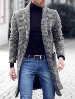 OUKU Men's Winter Coat Overcoat Business Casual Fall Winter Polyester Outerwear Clothing Apparel Houndstooth Notch lapel collar Open Front