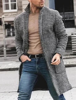 OUKU Men's Winter Coat Overcoat Business Casual Fall Winter Polyester Outerwear Clothing Apparel Houndstooth Notch lapel collar Open Front