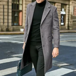 OUKU Men's Winter Coat Overcoat Office / Career Business Fall Winter Polyester Windproof Warm Outerwear Clothing Apparel Chic & Modern Glamorous & Dramatic non-printing Pure Color Pocket Turndown Single