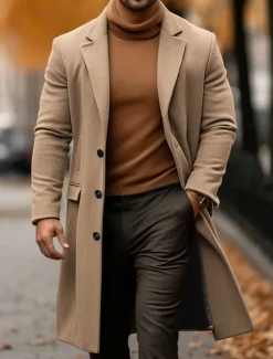 Outlet OUKU Men's Winter Coat Overcoat Trench Coat Outdoor Daily Wear Fall & Winter Polyester Warm Outerwear Clothing Apparel Fashion Streetwear Plain Pocket Turndown Single Breasted
