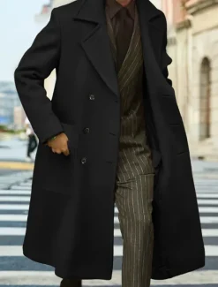 Online OUKU Men's Winter Coat Overcoat Long Trench Coat Outdoor Daily Wear Fall Winter Polyester Outerwear Clothing Apparel Fashion Streetwear Plain Lapel Double Breasted