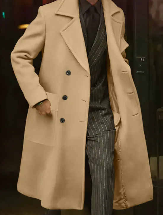 Online OUKU Men's Winter Coat Overcoat Long Trench Coat Outdoor Daily Wear Fall Winter Polyester Outerwear Clothing Apparel Fashion Streetwear Plain Lapel Double Breasted