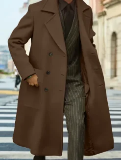 Online OUKU Men's Winter Coat Overcoat Long Trench Coat Outdoor Daily Wear Fall Winter Polyester Outerwear Clothing Apparel Fashion Streetwear Plain Lapel Double Breasted