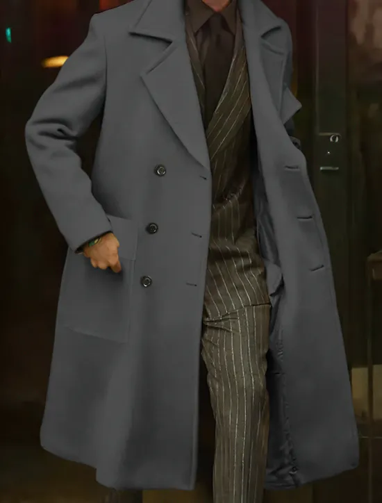 Online OUKU Men's Winter Coat Overcoat Long Trench Coat Outdoor Daily Wear Fall Winter Polyester Outerwear Clothing Apparel Fashion Streetwear Plain Lapel Double Breasted