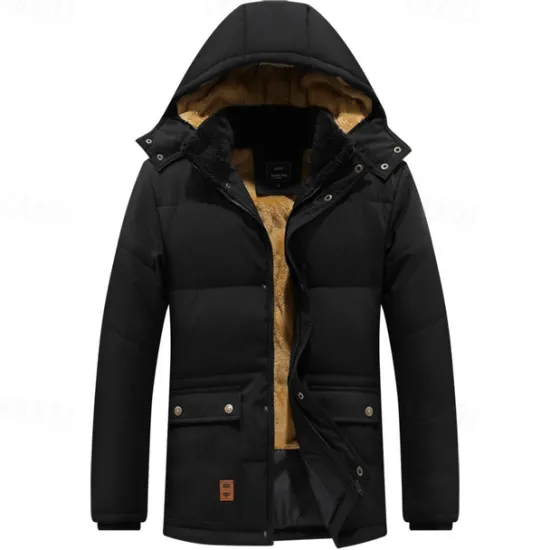New OUKU Men's Winter Coat Parka Pocket Polyster Fleece lined Vacation Daily Wear Date Regular Fashion Casual Comfortable Thermal Warm Fall & Winter Solid / Plain Color Puffer Jacket Black