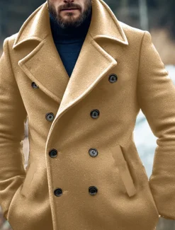 Outlet OUKU Men's Winter Coat Peacoat Trench Coat Outdoor Daily Wear Fall & Winter Polyester Thermal Warm Windbreaker Outerwear Clothing Apparel Fashion Streetwear Plain Lapel Double Breasted