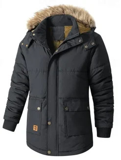 New OUKU Men's Winter Coat Puffer Jacket Fleece Jacket Padded Jacket Pocket Polyster Vacation Daily Wear Date Regular Fashion Casual Comfortable Thermal Warm Fall & Winter Solid / Plain Color Black Dark Blue