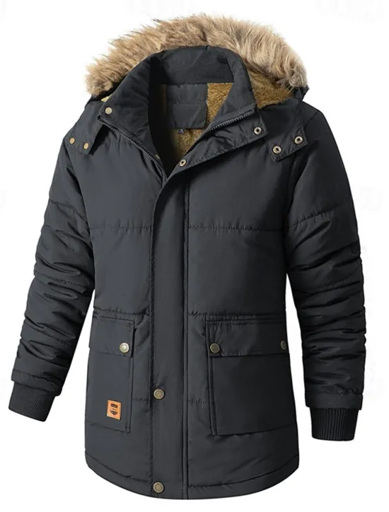 New OUKU Men's Winter Coat Puffer Jacket Fleece Jacket Padded Jacket Pocket Polyster Vacation Daily Wear Date Regular Fashion Casual Comfortable Thermal Warm Fall & Winter Solid / Plain Color Black Dark Blue