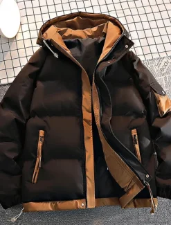 Discount OUKU Men's Winter Coat Puffer Jacket Padded Jacket Hoodie Jacket Pocket Daily Vacation Going out Regular Fashion Classic Casual Warm Fall & Winter Color Block Black Light Green Coffee Puffer Jacket