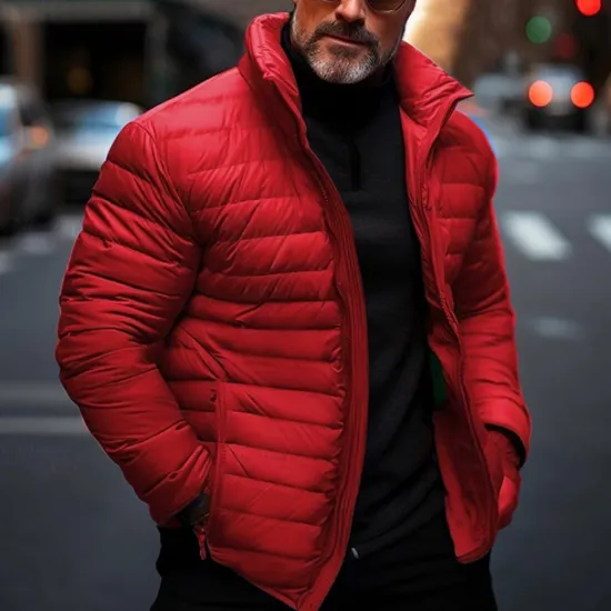 Online OUKU Men's Winter Coat Puffer Jacket Quilted Jacket Transition Jacket Pocket Cotton Pocket Vacation Daily Wear Date Regular Fashion Casual Comfortable Thermal Warm Fall & Winter Solid / Plain Color Black