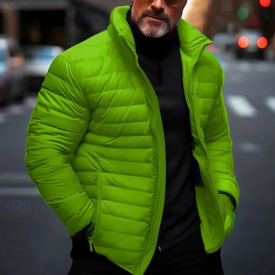 Online OUKU Men's Winter Coat Puffer Jacket Quilted Jacket Transition Jacket Pocket Cotton Pocket Vacation Daily Wear Date Regular Fashion Casual Comfortable Thermal Warm Fall & Winter Solid / Plain Color Black