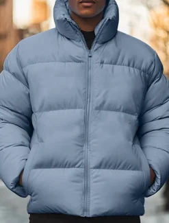 Sale OUKU Men's Winter Coat Puffer Jacket Pocket Polyster Top Christmas Office / Career Street Regular Sports Streetwear Cool Fall Winter Plain Black White Pink Blue Puffer Jacket