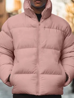 Sale OUKU Men's Winter Coat Puffer Jacket Pocket Polyster Top Christmas Office / Career Street Regular Sports Streetwear Cool Fall Winter Plain Black White Pink Blue Puffer Jacket