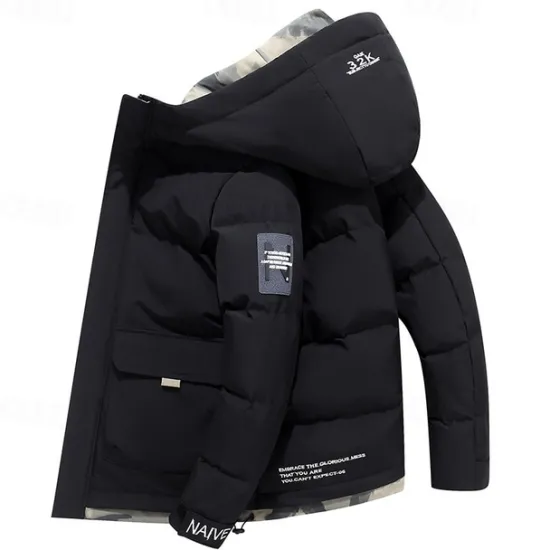 Discount OUKU Men's Winter Coat Puffer Jacket Quilted Jacket Padded Hooded Leisure Sports Going out Windproof Fall & Winter Solid / Plain Color Black Blue Khaki Puffer Jacket
