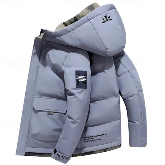 Discount OUKU Men's Winter Coat Puffer Jacket Quilted Jacket Padded Hooded Leisure Sports Going out Windproof Fall & Winter Solid / Plain Color Black Blue Khaki Puffer Jacket