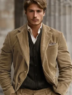 Online OUKU Men's Winter Coat School Formal Wedding Elegant Warm Fall Winter Corduroy Solid Color Single Breasted Two-button Blazer khaki