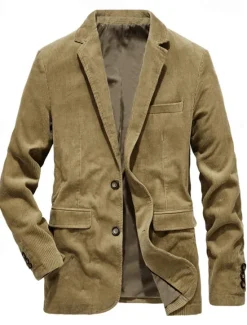 Online OUKU Men's Winter Coat School Formal Wedding Elegant Warm Fall Winter Corduroy Solid Color Single Breasted Two-button Blazer khaki