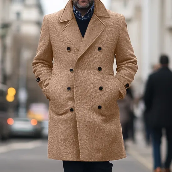 OUKU Men's Winter Coat Trench Coat Formal Wedding Warm Pocket Winter Solid Color Christmas Elegant Peaked Lapel Regular Black Khaki Gray Jacket