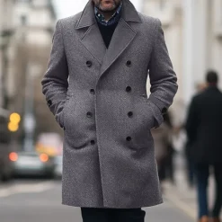 OUKU Men's Winter Coat Trench Coat Formal Wedding Warm Pocket Winter Solid Color Christmas Elegant Peaked Lapel Regular Black Khaki Gray Jacket