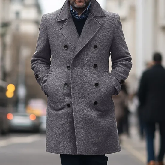 OUKU Men's Winter Coat Trench Coat Formal Wedding Warm Pocket Winter Solid Color Christmas Elegant Peaked Lapel Regular Black Khaki Gray Jacket