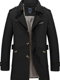 Hot OUKU Men's Winter Coat Windbreaker Field Coat Trench Coat Business Casual Winter Fall & Winter Polyester Windbreaker Outerwear Clothing Apparel Streetwear Solid Colored Notch lapel collar
