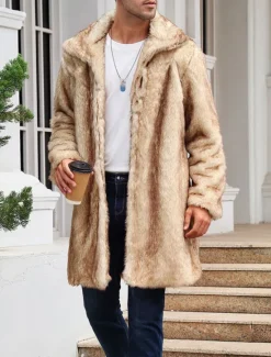 Best OUKU Men's Winter Coat Winter Jacket Fur Coat Daily Wear Vacation Soft Outdoor Pocket Winter Pure Color Warm Ups Comfort Lapel Black White Brown Light Grey Dark Coffee Jacket