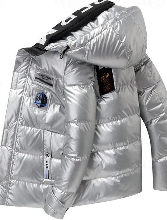 Sale OUKU Men's Winter Coat Winter Jacket Puffer Jacket Quilted Jacket Pocket Office & Career Date Casual Daily Warm Outdoor Casual Winter Printed Silver Black Puffer Jacket
