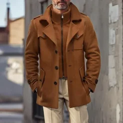 Hot OUKU Men's Winter Coat Winter Jacket Trench Coat Fake two piece Wool Pocket Business Casual WorkWear Long Active Vintage Fashion Windproof Warm Winter Solid Colored Black Navy Blue Orange Brown Puffer