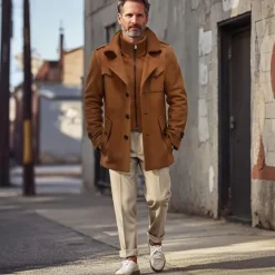 Hot OUKU Men's Winter Coat Winter Jacket Trench Coat Fake two piece Wool Pocket Business Casual WorkWear Long Active Vintage Fashion Windproof Warm Winter Solid Colored Black Navy Blue Orange Brown Puffer