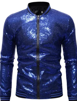 Outlet OUKU Men's Winter Coat Winter Jacket Transition Jacket Jacket Daily Spring & Summer Fall & Winter Sequin Basic Stand Collar Regular Regular Fit Silver Black Wine Royal Blue Gold Jacket