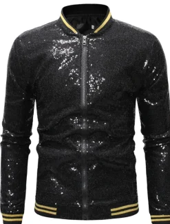 Outlet OUKU Men's Winter Coat Winter Jacket Transition Jacket Jacket Daily Spring & Summer Fall & Winter Sequin Basic Stand Collar Regular Regular Fit Silver Black Wine Royal Blue Gold Jacket