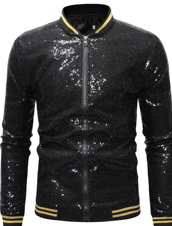 Outlet OUKU Men's Winter Coat Winter Jacket Transition Jacket Jacket Daily Spring & Summer Fall & Winter Sequin Basic Stand Collar Regular Regular Fit Silver Black Wine Royal Blue Gold Jacket
