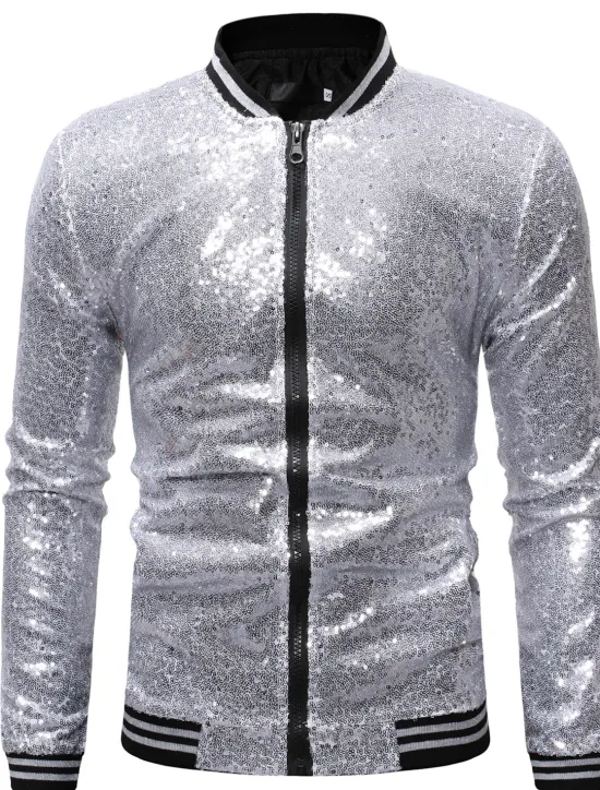Outlet OUKU Men's Winter Coat Winter Jacket Transition Jacket Jacket Daily Spring & Summer Fall & Winter Sequin Basic Stand Collar Regular Regular Fit Silver Black Wine Royal Blue Gold Jacket