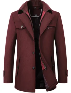 Outlet OUKU Men's Winter Coat Wool Coat Overcoat Short Coat Business Casual Fall & Winter Wool Blend Outerwear Clothing Apparel Basic Solid Colored Notch lapel collar Zipper