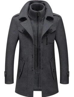 Best OUKU Men's Winter Coat Wool Coat Overcoat Business Casual Winter 30% Wool Windproof Warm Outerwear Clothing Apparel Chic & Modern Solid Colored Rolled collar
