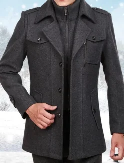 Best OUKU Men's Winter Coat Wool Coat Overcoat Business Casual Winter 30% Wool Windproof Warm Outerwear Clothing Apparel Chic & Modern Solid Colored Rolled collar