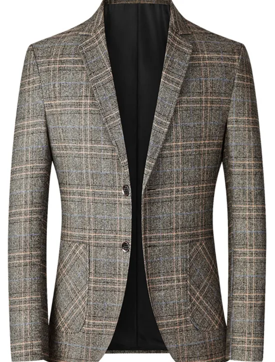 OUKU Men's Winter Coat Wool Coat Overcoat Short Coat Blazer Formal Daily Wear Fall Winter Terylene Thermal Warm Outdoor Outerwear Clothing Apparel Fashion Modern Contemporary Plaid Pocket Turndown Single