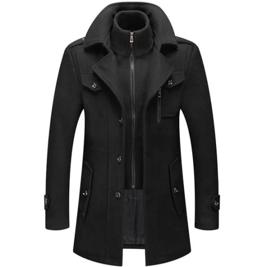 OUKU Men's Winter Coat Wool Coat Overcoat Business Casual Spring Winter Autumn Wool Windproof Warm Outerwear Clothing Apparel Active Chic & Modern Solid Colored Rolled collar Black