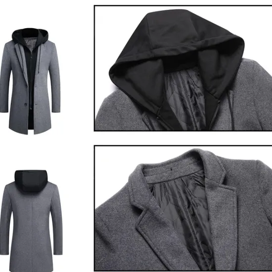 Outlet OUKU Men's Winter Coat Wool Coat Overcoat Daily Wear Going out Winter Wool Thermal Warm Washable Outerwear Clothing Apparel Fashion Warm Ups Solid Colored Detachable Hood Hooded Single Breasted