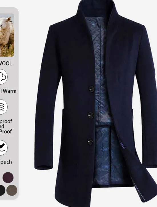 New OUKU Men's Winter Coat Wool Coat Overcoat Business Casual Fall Wool Outerwear Clothing Apparel Basic Solid Colored Stand Collar Single Breasted One-button