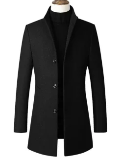 OUKU Men's Winter Coat Wool Coat Overcoat Office & Career Daily Wear Winter Polyester Thermal Warm Washable Outerwear Clothing Apparel Fashion Warm Ups Solid Colored Pocket Standing Collar Single Breasted