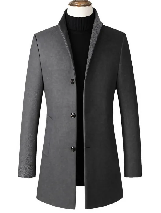 OUKU Men's Winter Coat Wool Coat Overcoat Office & Career Daily Wear Winter Polyester Thermal Warm Washable Outerwear Clothing Apparel Fashion Warm Ups Solid Colored Pocket Standing Collar Single Breasted