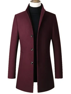 OUKU Men's Winter Coat Wool Coat Overcoat Office & Career Daily Wear Winter Polyester Thermal Warm Washable Outerwear Clothing Apparel Fashion Warm Ups Solid Colored Pocket Standing Collar Single Breasted
