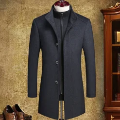 Hot OUKU Men's Winter Coat Wool Coat Overcoat Street Business Winter Woolen Thermal Warm Outerwear Clothing Apparel Casual Solid Color Pocket Stand Collar Single Breasted