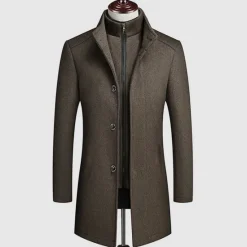 Hot OUKU Men's Winter Coat Wool Coat Overcoat Street Business Winter Woolen Thermal Warm Outerwear Clothing Apparel Casual Solid Color Pocket Stand Collar Single Breasted