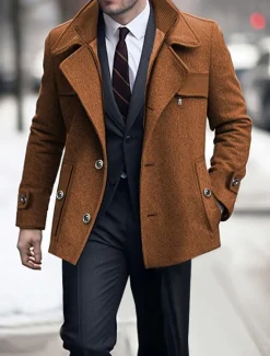Online OUKU Men's Winter Coat Wool Coat Trench Coat Outdoor Daily Wear Fall & Winter Woolen Thermal Warm Windbreaker Outerwear Clothing Apparel Fashion Streetwear Plain Pocket Lapel Single Breasted