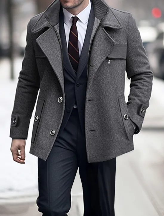 Online OUKU Men's Winter Coat Wool Coat Trench Coat Outdoor Daily Wear Fall & Winter Woolen Thermal Warm Windbreaker Outerwear Clothing Apparel Fashion Streetwear Plain Pocket Lapel Single Breasted