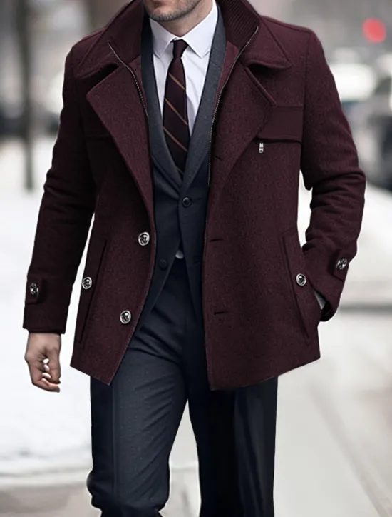 Online OUKU Men's Winter Coat Wool Coat Trench Coat Outdoor Daily Wear Fall & Winter Woolen Thermal Warm Windbreaker Outerwear Clothing Apparel Fashion Streetwear Plain Pocket Lapel Single Breasted