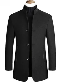 Outlet OUKU Men's Winter Coat Wool Coat Overcoat Blazer Short Coat Office Work Fall & Winter Wool Windproof Warm Outerwear Clothing Apparel Basic Chic & Modern Solid Colored Stand Collar